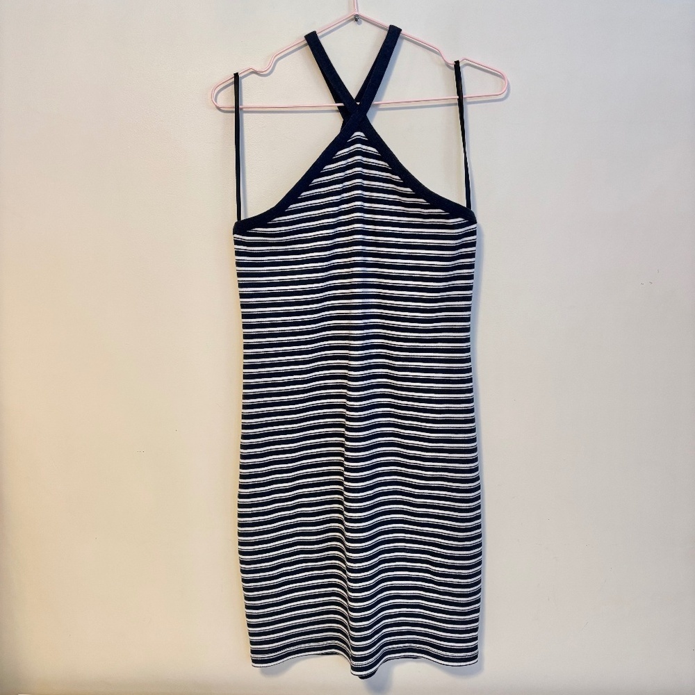 Hollister Y2K Halter Cross Back Ribbed Short Mini Dress Blue White Stripes M NWT